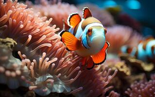 ai generado payaso pescado y coral arrecife encontró en un magnífico anémona habita en Oceano y profundo azul mar foto