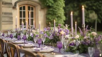 ai généré mariage décor dans le campagne, lavande thème décoration video