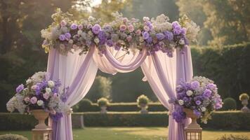 ai generiert Hochzeit Dekor im das Landschaft, Lavendel Thema Dekoration video