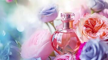 AI generated Perfume bottle in flowers, fragrance on blooming background, floral scent and cosmetic product video