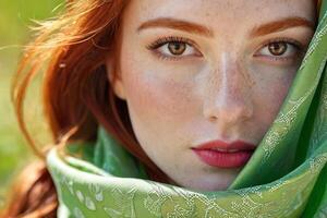 AI generated close-up portrait of a red-haired beautiful young woman with freckles and a silk scarf. Spring portrait. photo