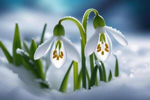 ai generado primero flores primavera campanillas floración en el nieve. foto