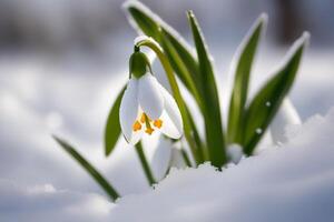 AI generated First flowers. Spring snowdrops bloom in the snow. photo