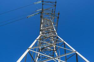 Supports high-voltage power lines against the blue sky. View from the bottom up photo