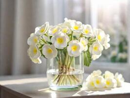 AI generated A white bouquet of primroses in a glass vase on a table by the window in the rays of the sun. Spring. Easter concept. Copy space photo