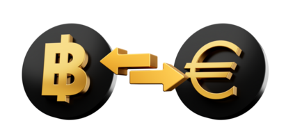 3d Golden Baht And Euro Symbol On Rounded Black Icons With Money Exchange Arrows, 3d illustration png