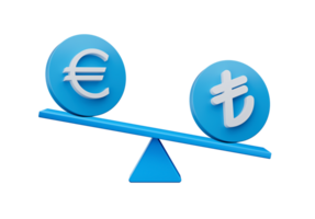 3d vit euro och lire symbol på avrundad blå ikoner med 3d balans vikt gungbräda, 3d illustration png