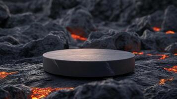 AI generated Black matte rock podium on black valcano lava mountain background for product presentation photo