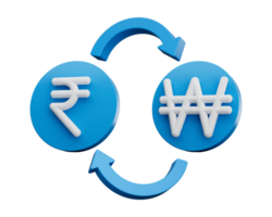 3d White Indian Rupee And Yen Symbol On Rounded Blue Icon With Money Exchange Arrows 3d illustration png