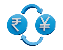 3d branco indiano rupia e iene símbolo em arredondado azul ícone com dinheiro troca Setas; flechas 3d ilustração png