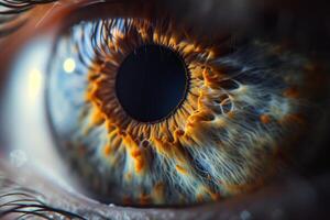 ai generado extremo cerca arriba de un humano vistoso ojos muestra detalle de el iris foto