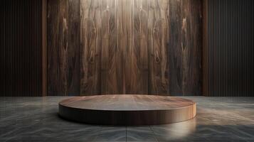 AI generated A dark brown wooden podium on quiet luxury room with marble floor background. Represent minimal, old money and quiet luxury. photo