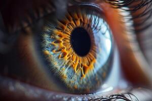 AI generated Extreme close up of a human colorful eyes shows detail of the iris photo