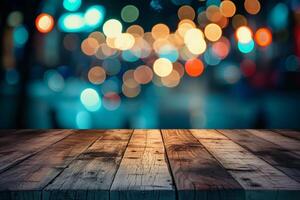 AI generated Empty Wooden table top with blurred colorful night light round bokeh for display or montage your products presentation. photo
