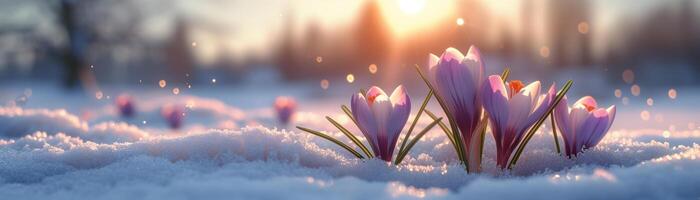 AI generated Purple crocus flowers sprouting amid melting snow during the spring season, a serene and picturesque garden landscape, transitioning from winter to spring. photo