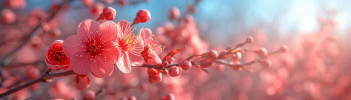 ai generado un Cereza florecer árbol en lleno floración en primavera estación, delicado flores contrafuertes un azul cielo foto