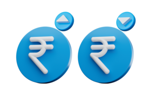 3d blauw glimmend Indisch roepie symbool, toenemen en verminderen icoon, 3d illustratie png