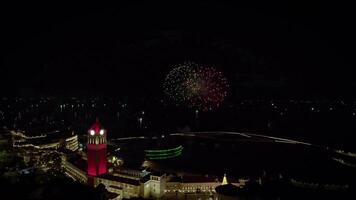 Nighttime Aerial Fireworks Display by Historic Waterfront Tower,  Pho Quok, January 14, 2024 video