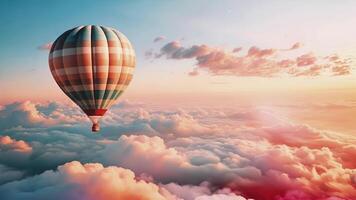 ai genererad solnedgång äventyr, lugn ballong flyg över moln video