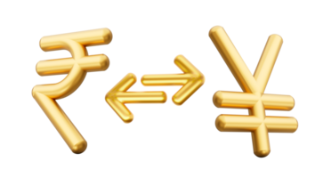 3d golden Rupie und Yen Symbol Symbole mit Geld Austausch Pfeile, 3d Illustration png