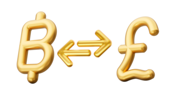 Shiny golden symbol Baht to Pound currency exchange icon. 3d illustration png
