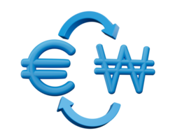 3d azul euro y won símbolo íconos con dinero intercambiar flechas, 3d ilustración png