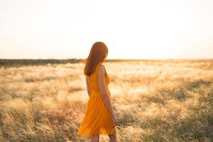 A pretty young girl with long brown hair in an orange dress in a field at sunset. The concept of freedom and nature. photo