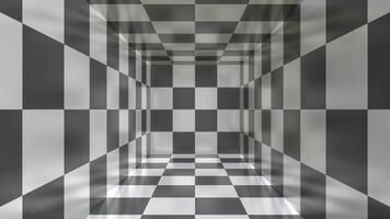 a black and white checkered floor in a hallway loop video