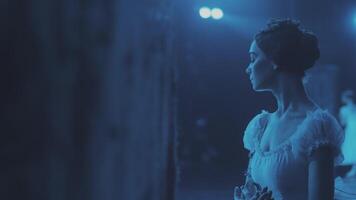 ballerina stand on stage in a frozen pose during a ballet performance. video