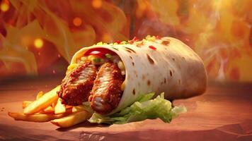 AI generated Animation hot shawarma on fire background. Chicken meat, vegetables and salad are wrapped in pita bread. Side view video