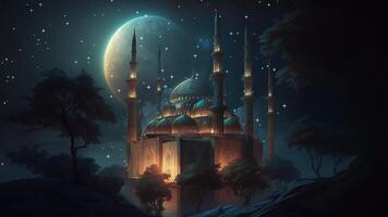 AI generated Beautiful muslim mosque. Ramadan. Panorama video