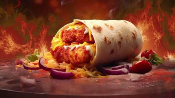 AI generated Animation hot shawarma on fire background. Chicken meat, vegetables and salad are wrapped in pita bread. Side view video