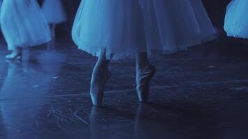 elegant ballet bewegingen. ballerina's voeten in pointe schoenen Actie langzaam in dans Aan fase. langzaam beweging. video