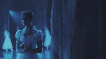 ballerina stand on stage in a frozen pose during a ballet performance. video