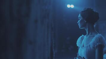 ballerina stand on stage in a frozen pose during a ballet performance. video