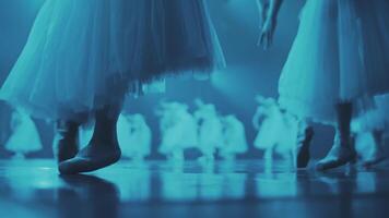 Legs of a Ballerina. Ballerina's feet in pointe shoes move slowly in dance on stage. video