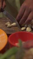 chopping garlic at the table - vertical stock video