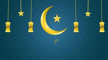 Ramadã kareem animado cenas com azul fundo, lanternas, estrelas e lua para saudações. video