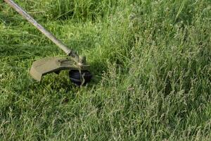 Application trimmers. Mowing green grass using a fishing line trimmer photo