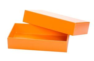 aislado caja. naranja abierto cartulina caja burlarse de arriba aislado en blanco fondo, modelo para diseño foto