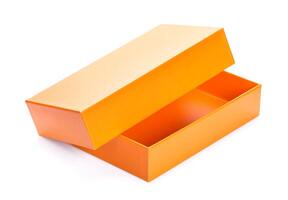 Orange open cardboard box mock up isolated on white background, template for design photo