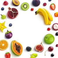 Frame made of different fruits and berries, flat lay, top view photo
