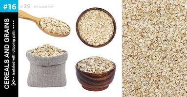 Oat flakes in different dishware isolated on white background, collection photo