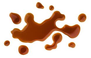 Splashes and spilled soy sauce isolated on white background. Top view photo