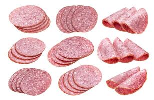 Salami sausage slices isolated on white, with clipping path, collection photo