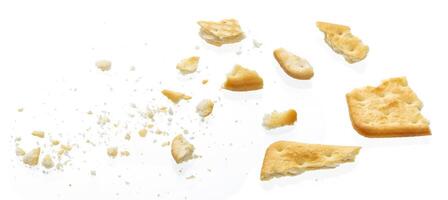 Broken cracker isolated on white background, top view photo