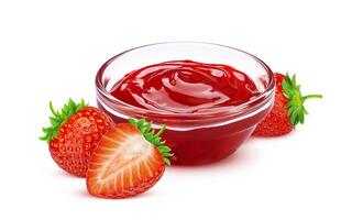 Strawberry jam in bowl isolated on white background, strawberry marmalade photo