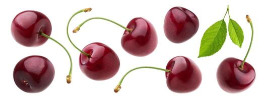 Cherry isolated on white background with clipping path, fresh cherries with stems and leaves photo