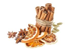 Dried orange, anise stars and cinnamon sticks isolated on white photo