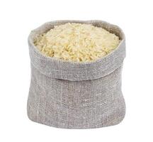 Parboiled rice in burlap bag isolated on white photo